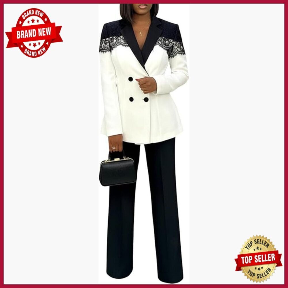 2 Piece Pants Suit Long Sleeve Lace Blazer Straight Leg Office Set